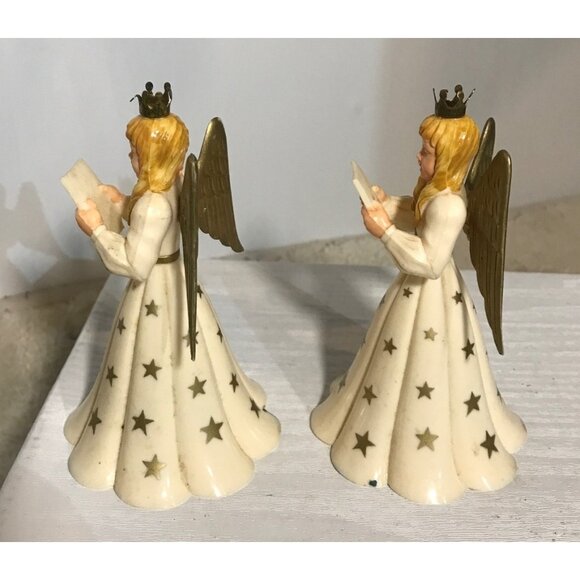Vintage Angel Figurines Gold Star Pattern & Crowned Heads Set Of 2  Choir Angels - Picture 8 of 9